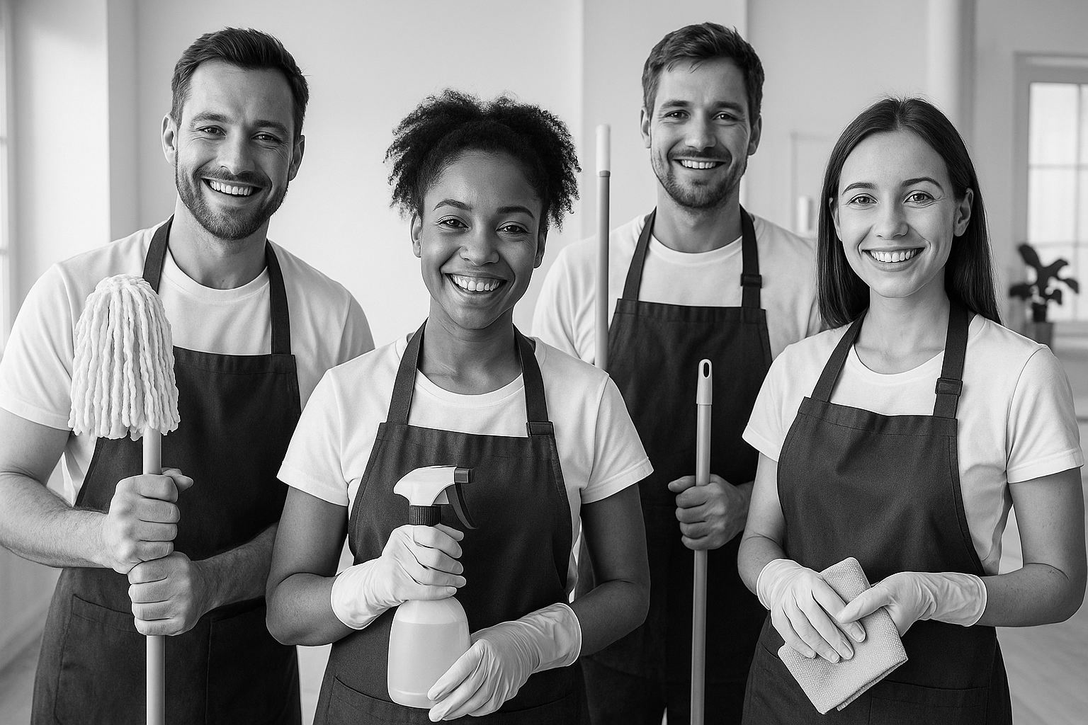 creer une image avec des agents noire et blanc sam service souriant entrain de nettoyer
